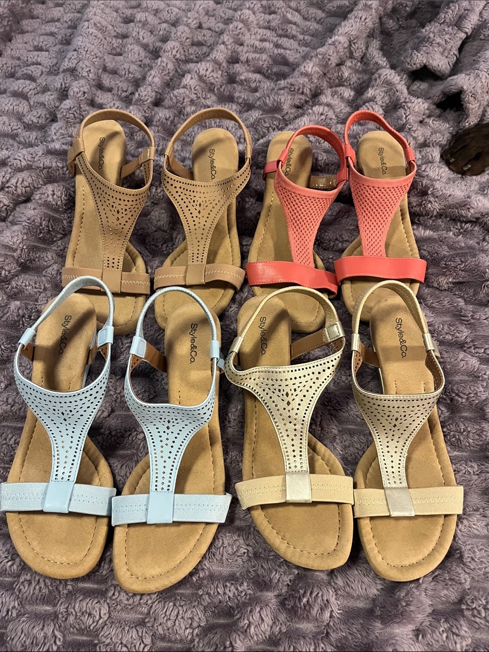 Style & Co. Women's Perforated T-Strap Sandals — Beige, Pink, Light Blue, Tan